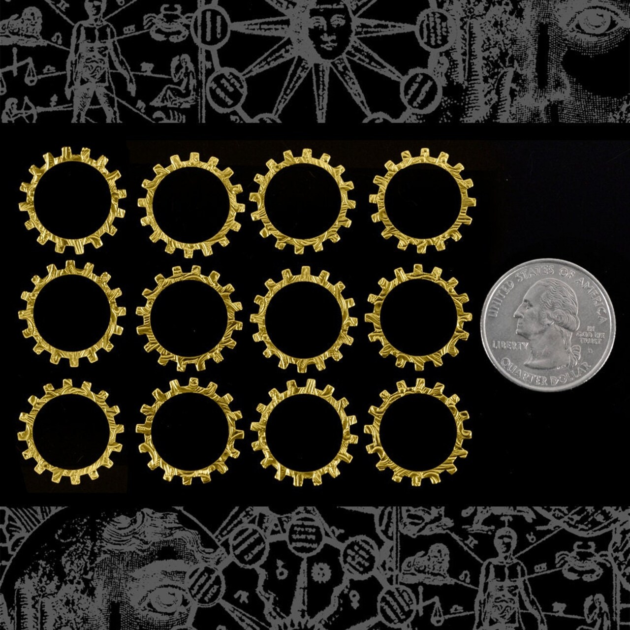 20mm Floral Patterned Etched Steampunk Raw Brass Open Wheels Gears Charms - Set of Twelve - B-PG06